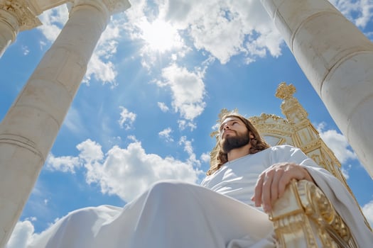 Person seated on gilded chair beneath a blue sky photo