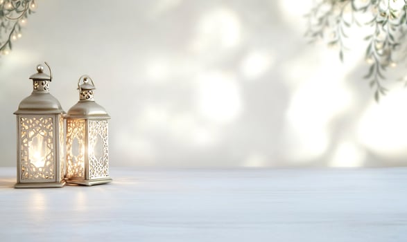 Ornate metal lanterns soft lighting festive background photo
