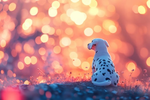 Dalmatian dog sitting on grass with bokeh lights in the background photo