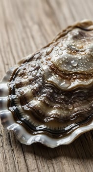 A close up of an oyster on a wooden table photo