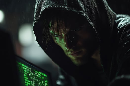 A man in a hoodie is looking at a computer screen photo