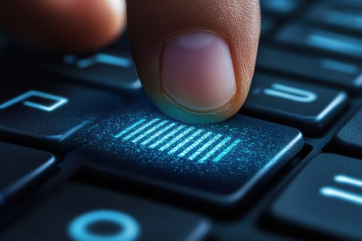 A finger pressing on a keyboard with a barcode photo