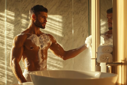 A shirtless man standing in front of a bathroom sink photo