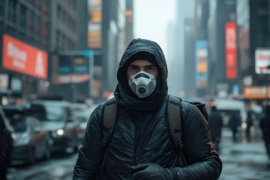 A man wearing a gas mask on a city street photo