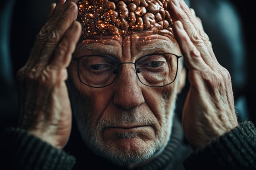 An old man with glasses and a brain on his head photo