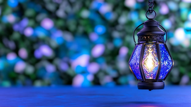 Decorative lantern with blue glass and warm glow festive celebration background photo