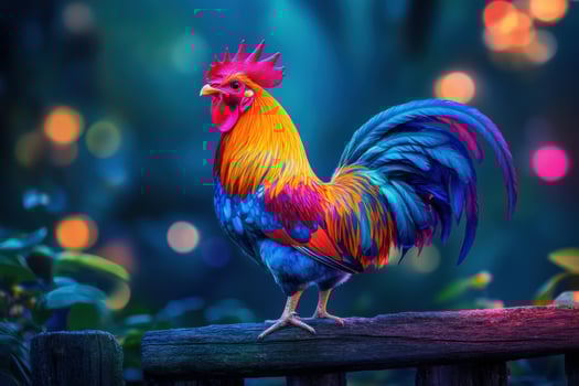 Colorful rooster standing on a wooden fence photo