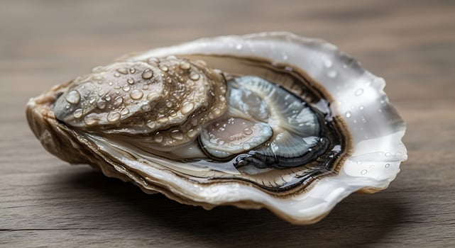 An oyster on a wooden table photo