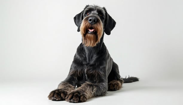 Lying Black Giant Schnauzer Dog on White Background photo