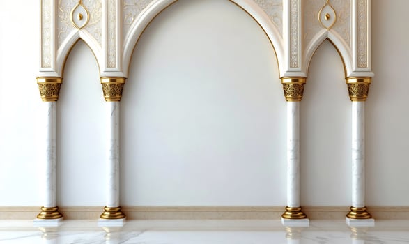 Architectural archway with marble columns and gold details against white wall ideal background photo