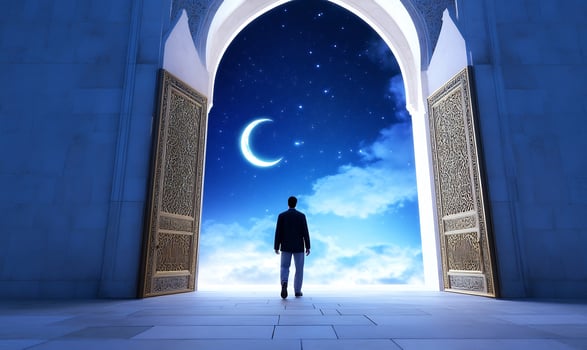 Archway to night sky person walking through open door dreamlike travel destination photo
