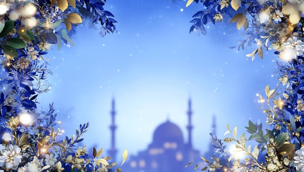 Floral frame with building silhouette on blue gradient background photo