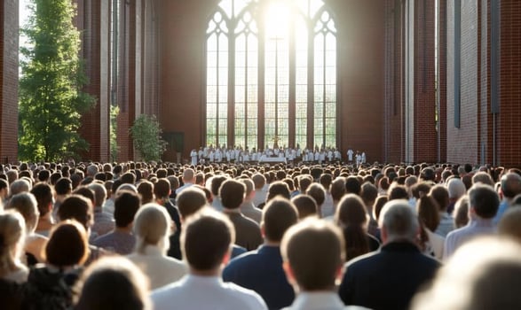 Large group of people gathered inside spacious hall for performance or event photo