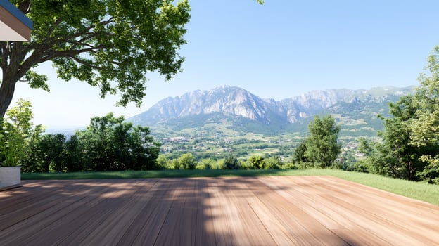 Scenic mountain landscape with wooden deck in tranquil outdoor setting photo