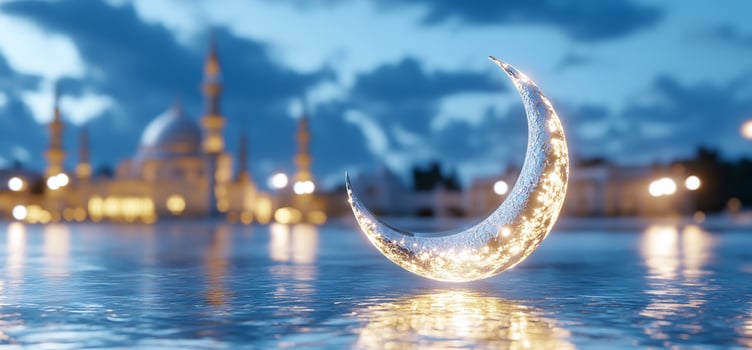 Crescent moon reflecting light in water night sky celebration photo