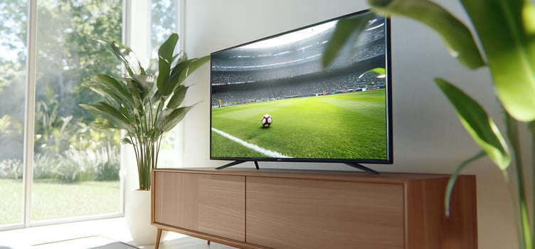 Television displaying soccer game in modern living room with natural light indoor entertainment photo