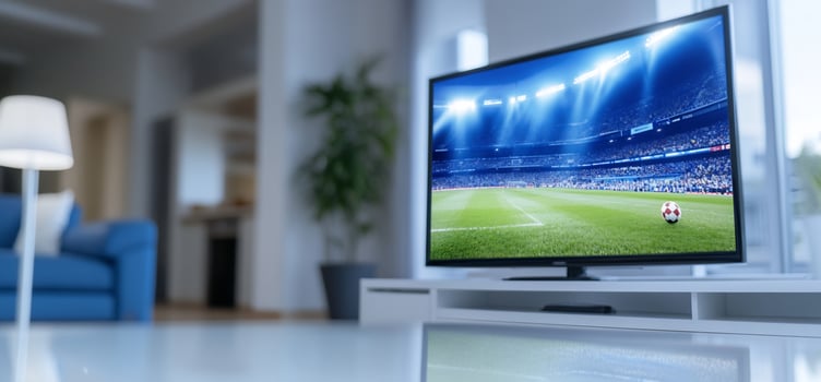 Modern television displaying live soccer game in living room setting photo