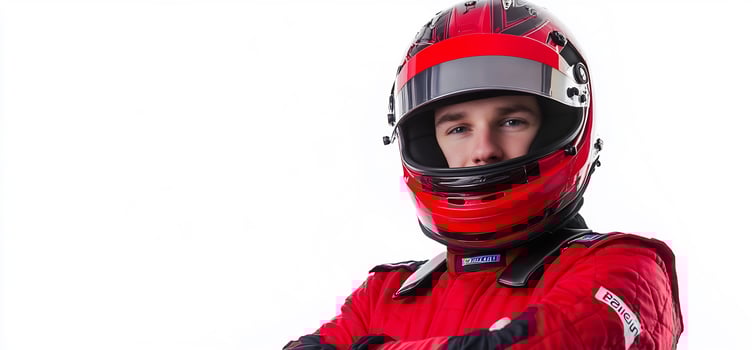 Professional race car driver portrait in red racing suit and helmet isolated on white photo