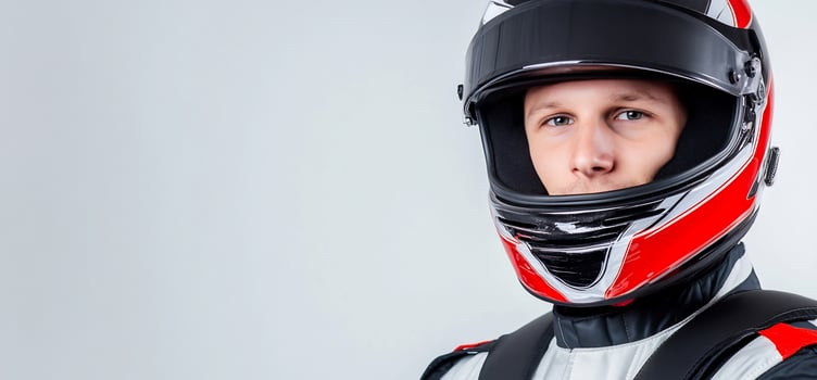 Race car driver in helmet portrait studio shot safety protection gear motorsport photo