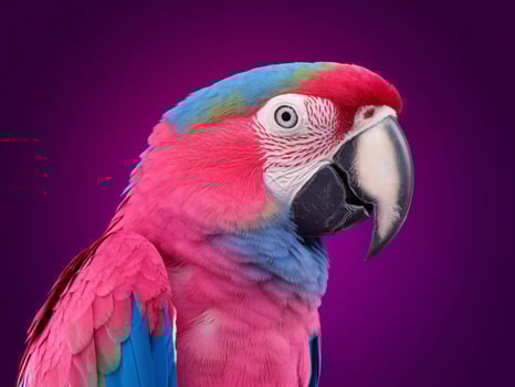 Vibrant pink and blue macaw parrot showcases its stunning feathers against a purple background. photo