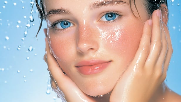 Close up of woman with fresh water droplets on face beauty and skincare photo