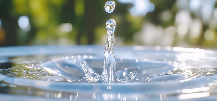 Water drop impact creates ripples and splash with clear liquid macro shot photo