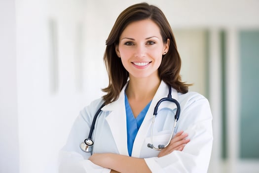 Healthcare professional smiling portrait in hospital setting photo
