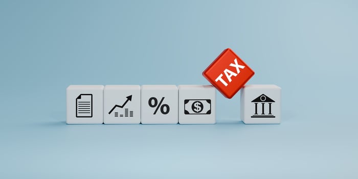 Tax, accounting, financial management, and economic strategy. 3D illustration of finance icons including tax, growth chart, percentage, money, and bank. photo
