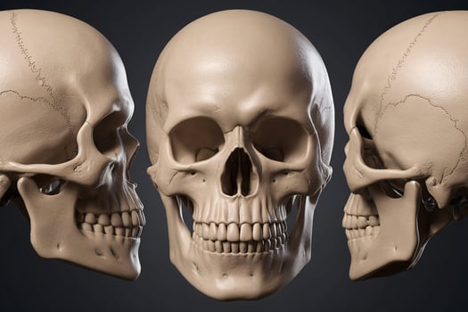 Three dimensional view of a human skull showcasing front, side, and profile angles. photo