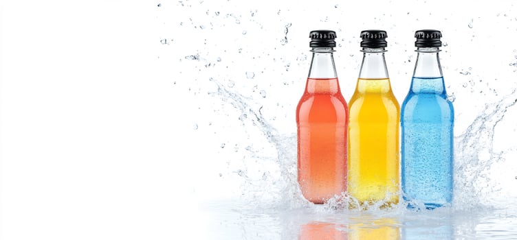 Colorful drinks in glass bottles with splash effects for refreshment product presentation photo