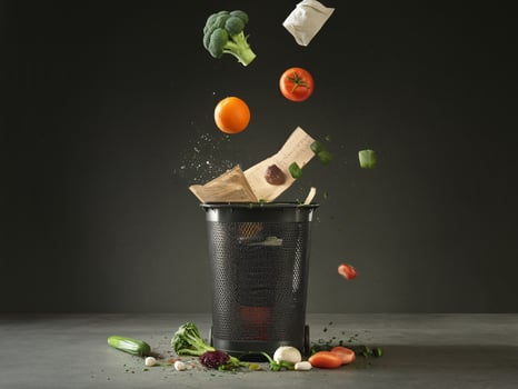 Colorful fresh vegetables and scraps being tossed into a black waste bin against a dark backdrop. photo