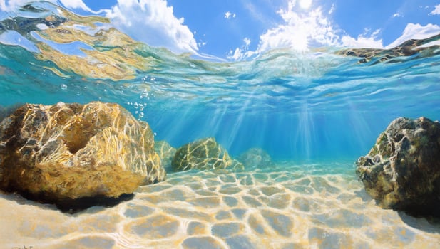 Underwater seabed scene with rocks and sunlight beams photo