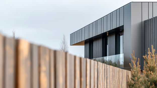 Modern wooden fence with vertical slats for residential privacy. Contemporary timber barrier design with natural wood construction. Stylish outdoor property boundary fencing architecture. photo