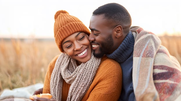 Happy couple laughing together during autumn picnic wrapped in cozy blanket. African American man and woman in warm knitted clothing sharing intimate moment outdoors in golden sunset light. photo