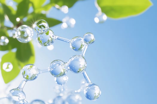 Molecular structure with green leaves and blue sky reflecting science and nature photo