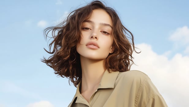 Young woman portrait against a blue sky backdrop beauty and fashion concept photo
