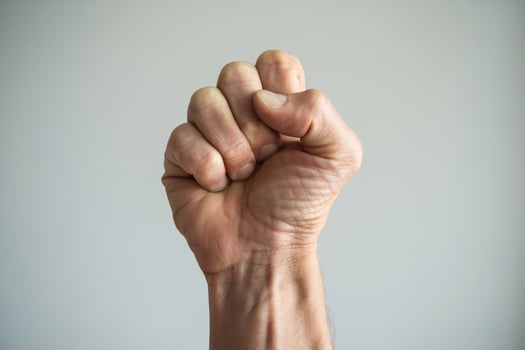 A close-up of a clenched fist against a neutral background, symbolizing strength and determination. photo