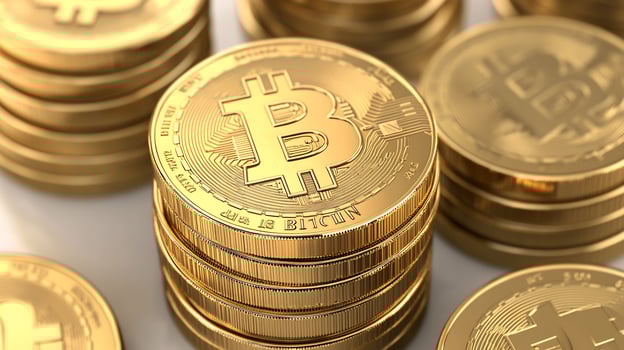 Gold coin stacks representing finance and investment overhead close up photo