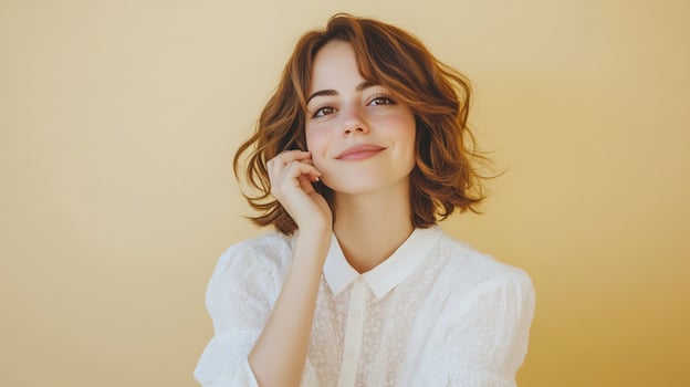 Smiling person portrait with brown hair on yellow background studio shot photo