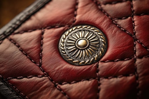 Quilted burgundy leather displays gold decorative button with leaf accents highlighting meticulous stitch work on corners photo