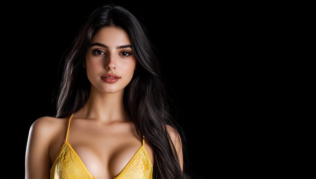 Portrait of young woman with long dark hair in studio beauty fashion concept photo