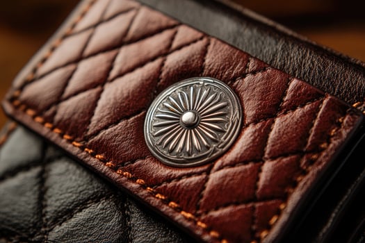 Quilted brown leather adorns a metallic sunburst emblem with contrasting stitches and textures photo