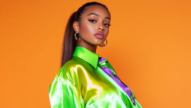 Stylish young woman posing in fashionable green shirt against orange background photo