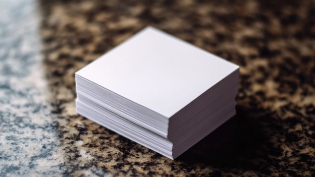 Stack of crisp white square papers sits neatly on a mottled surface photo