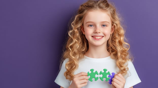 Smiling girl holding colorful jigsaw puzzle pieces on purple background photo