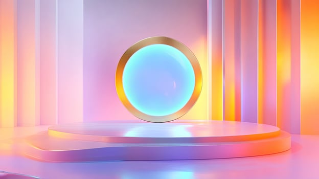Golden framed glowing circle rests upon a layered platform in gradient pastel room photo