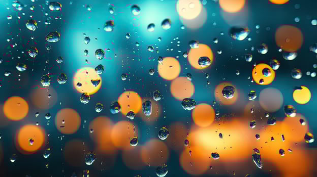 Raindrops cling to glass revealing orange bokeh lights against a cool blue gradient photo