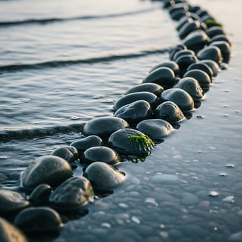 A row of rocks in the water with a plant growing on top photo