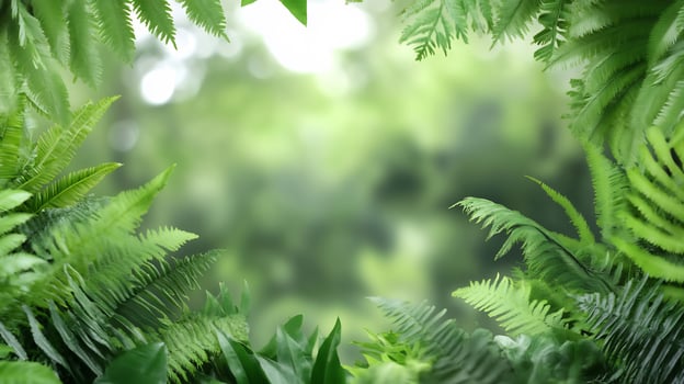 Lush ferns and green foliage frame serene natural background photo