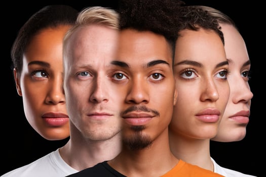 A diverse group of individuals featuring distinct facial features and expressions against a dark backdrop. photo